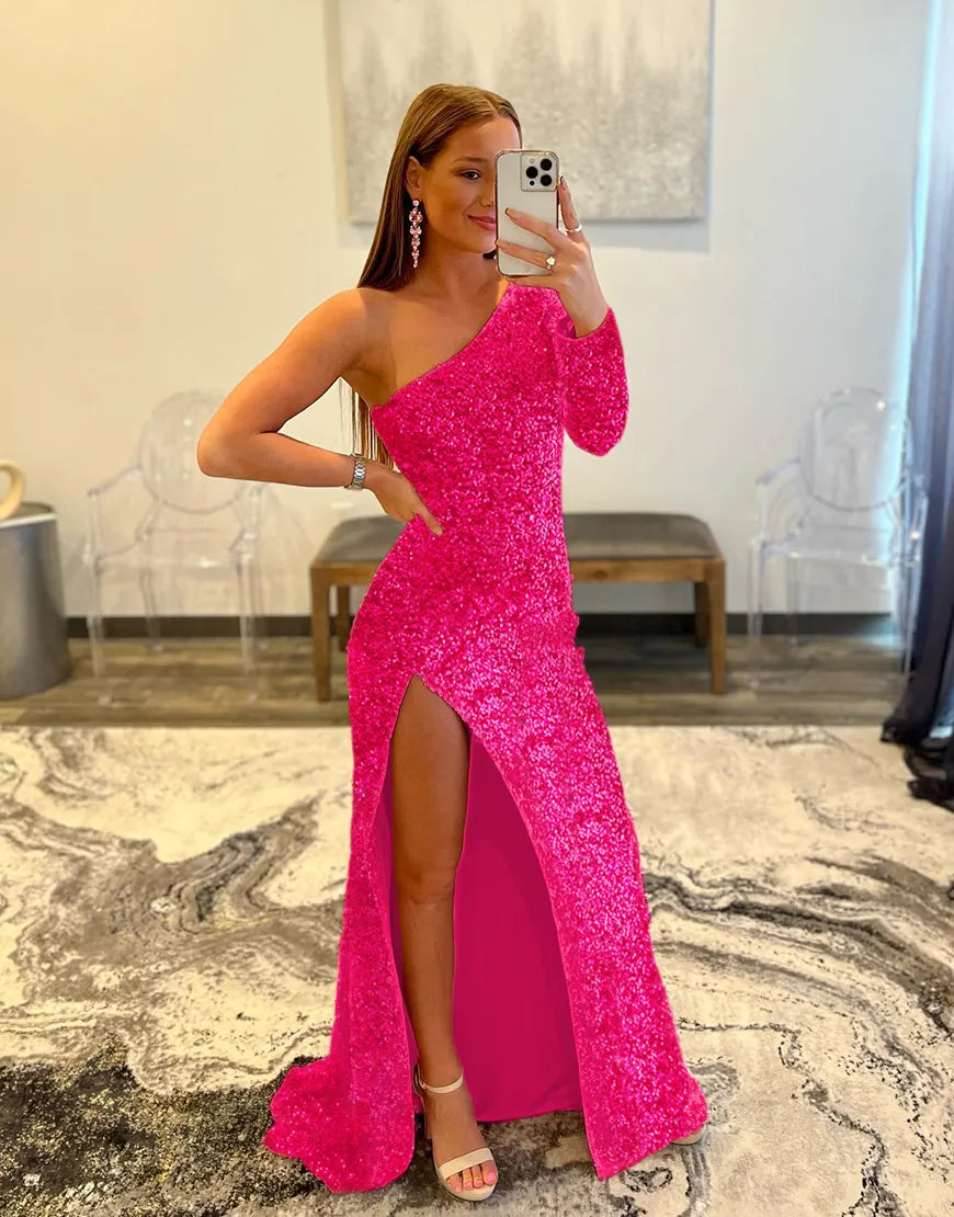 Wholesale Mermaid Glitter One-Shoulder Single Sleeve Prom Dress With Sequins prom dresses shops